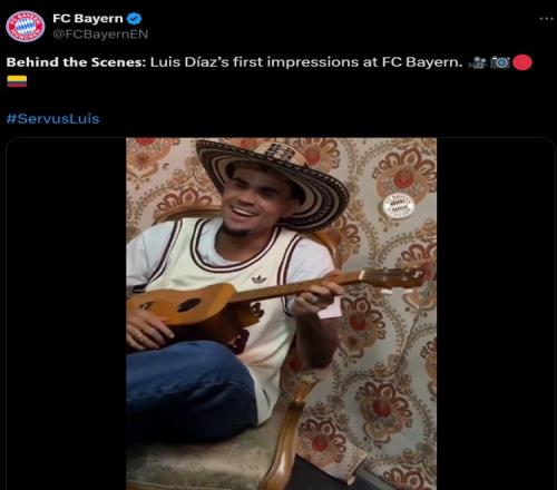 拜仁官推晒迪亚斯加盟首日视频集锦：体检、定妆照、弹吉他、签约