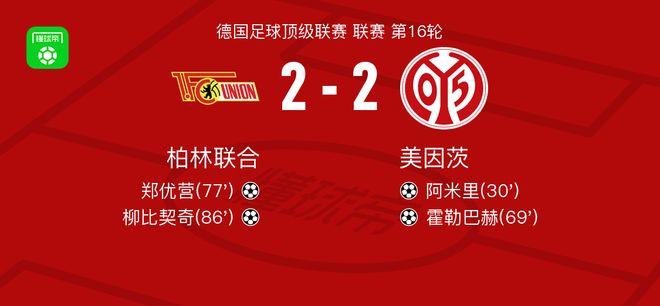 柏林联合2-2美因茨，阿米里破僵，柳比契奇扳平比分