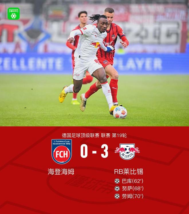 莱比锡客场3-0海登海姆，巴库破僵，努萨、劳姆破门