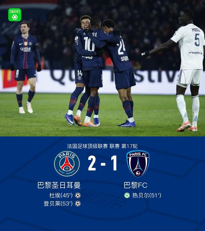 剑南春｜巴黎圣日耳曼2-1巴黎FC，登贝莱、杜埃建功
