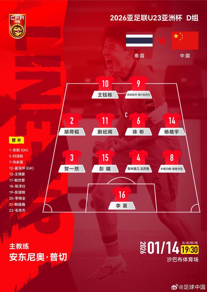 U23国足首发图：阵型仍然442，王钰栋、拜合拉木突前，蒯纪闻中前卫