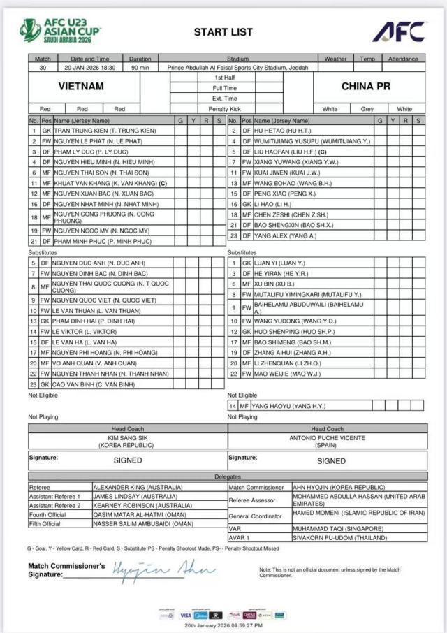 U23国足vs越南：更换6人 蒯纪闻先发王钰栋替补