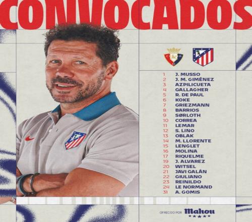 马竞客战奥萨苏纳大名单：阿尔瓦雷斯领衔锋线，德保罗坐镇中场