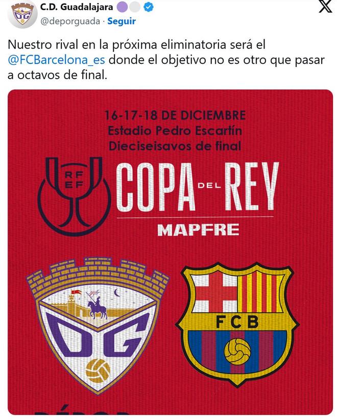 国王杯迎战巴萨!瓜达拉哈拉社媒:我们的目标就是晋级 国王杯迎战巴萨!瓜达拉哈拉社媒:我们的目标就是晋级