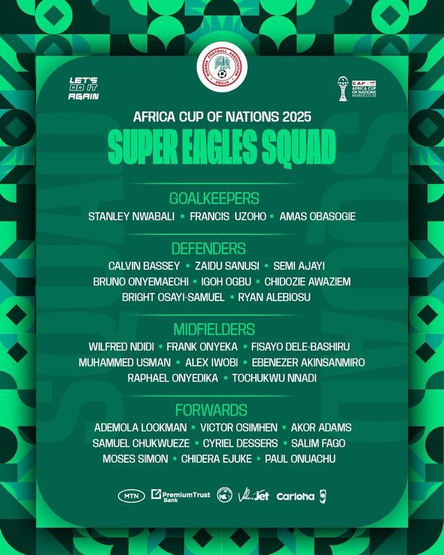 尼日利亚非洲杯大名单：奥斯梅恩领衔，卢克曼、伊沃比在列