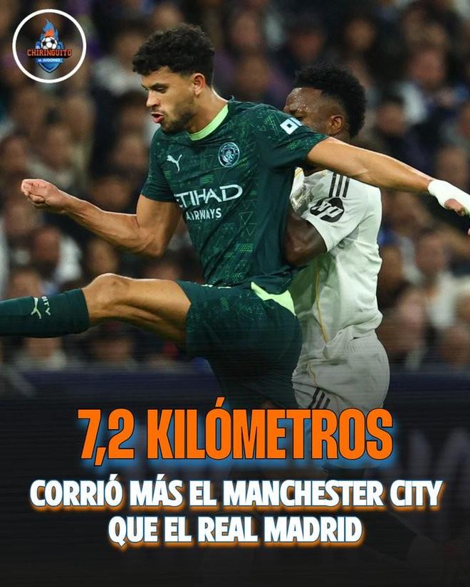 相差7.2分公里，曼城全队跑动119公里，皇马跑动111.8公里