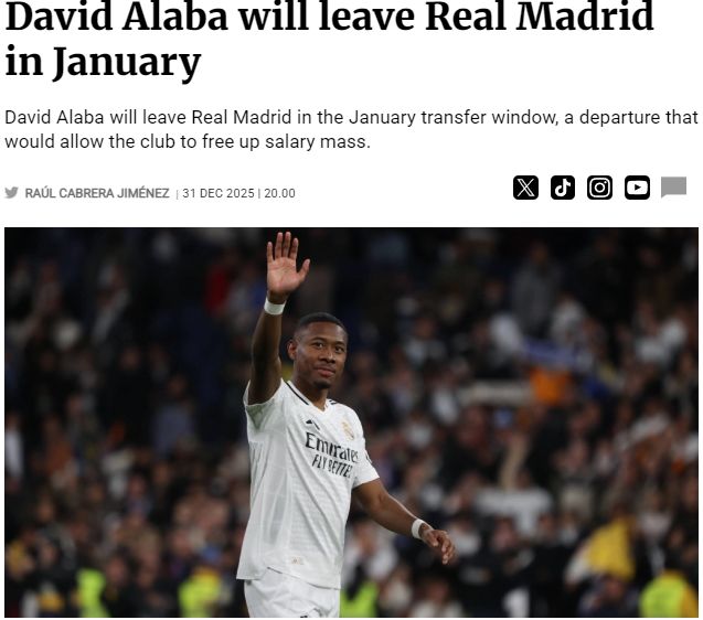 皇马冬窗离队第2人浮现！美国球队150万报价阿拉巴