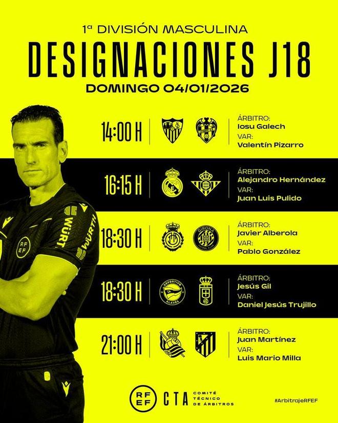 西甲第18轮第3比赛日裁判：平方哥执法皇马vs贝蒂斯