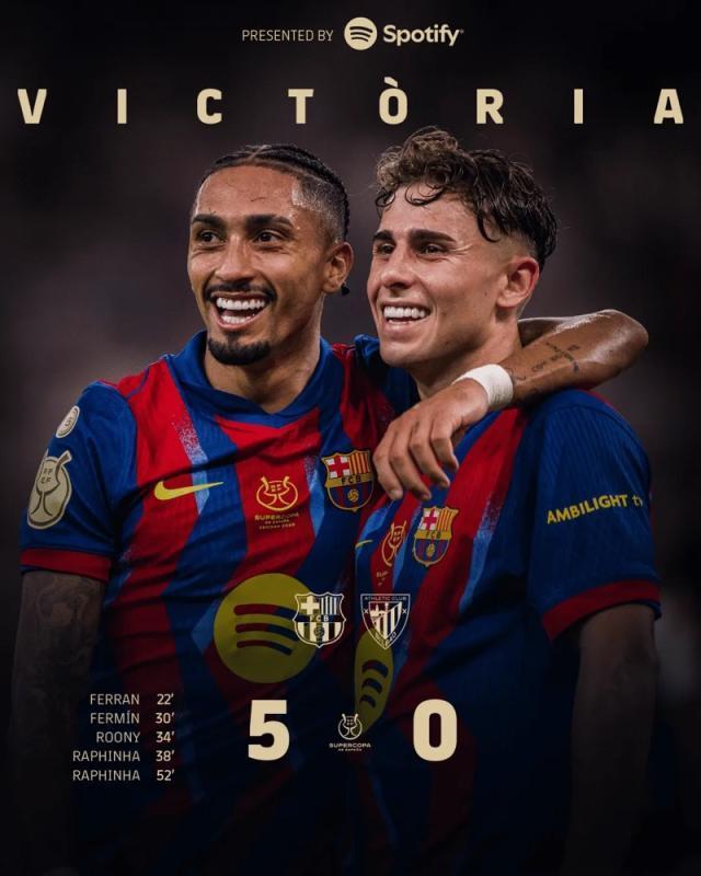 【西超杯】4人破门锋线齐开花 巴萨5-0毕巴挺进决赛