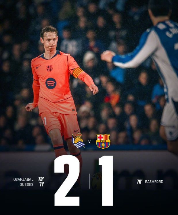 巴萨1-2皇家社会，立柱和越位成为禁锢，榜首优势缩小为1分