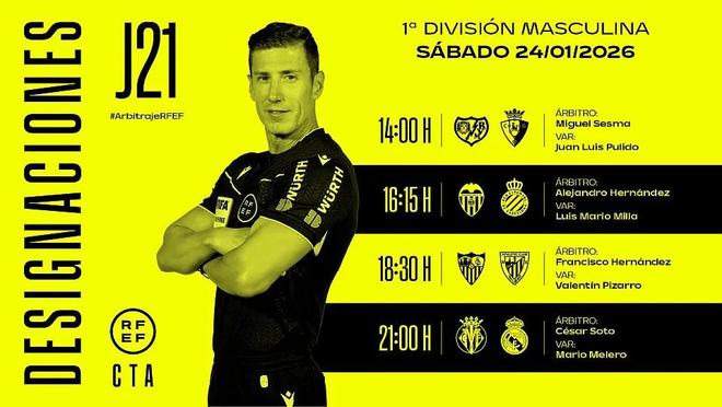 周六西甲裁判：索托-格拉多将执法皇马客战比利亚雷亚尔