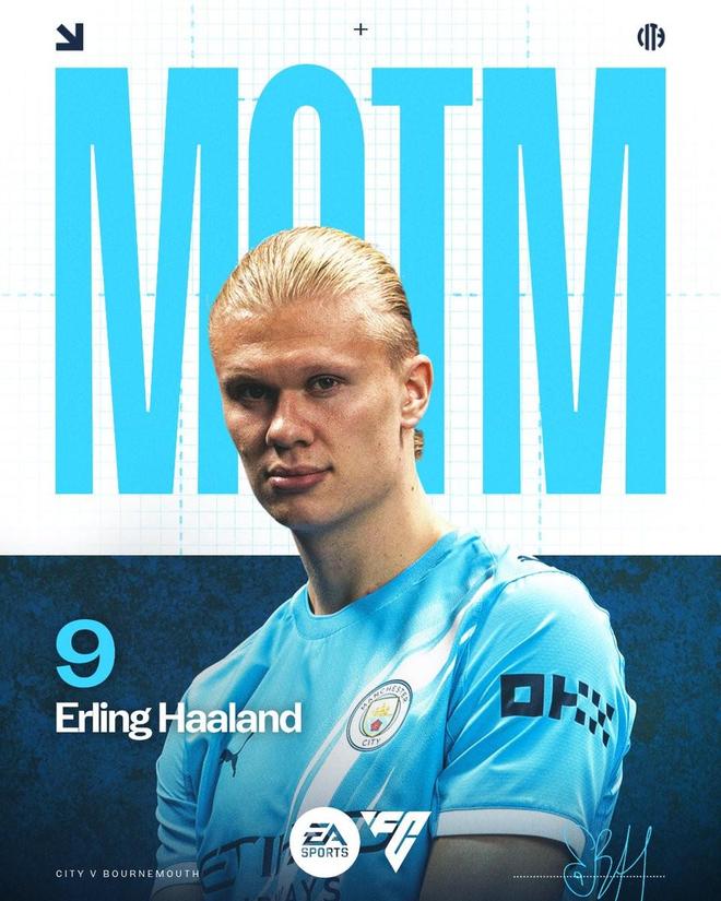 梅开二度，哈兰德当选曼城vs伯恩茅斯英超官方&队内全场最佳