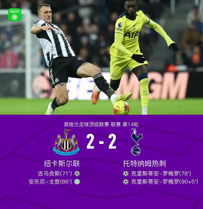 剑南春｜纽卡2-2热刺，罗梅罗梅开二度+倒钩破门，戈登点射