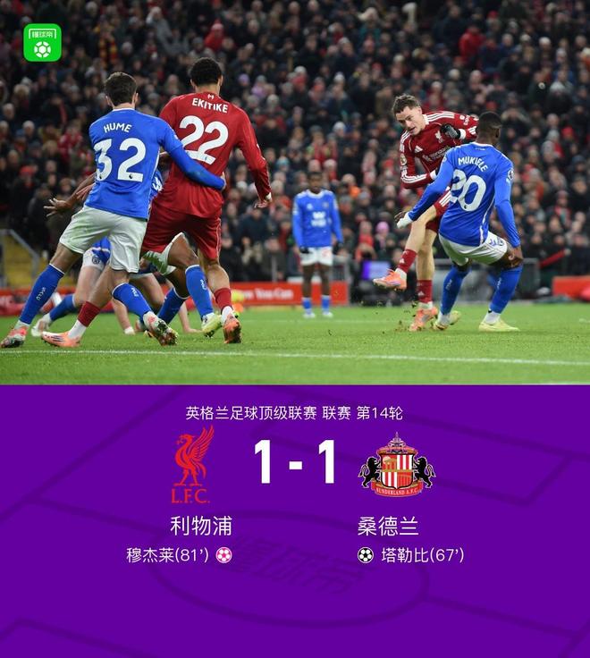 剑南春｜利物浦1-1桑德兰，维尔茨造乌龙，塔勒比破门