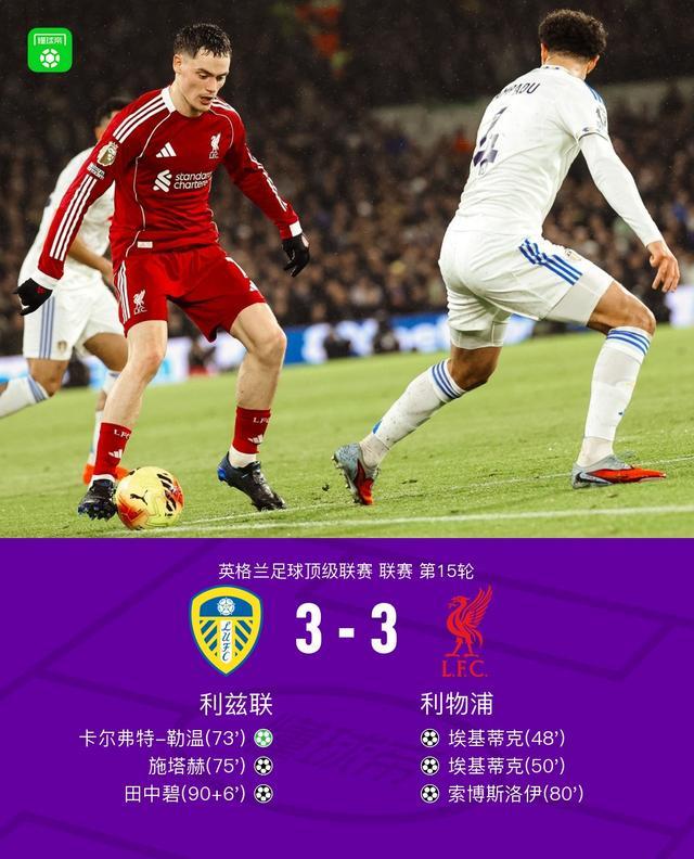 剑南春｜利物浦客场3-3利兹联，田中碧补时绝平，埃基蒂克双响