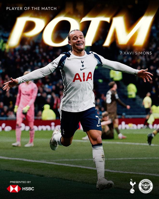 1射1传,哈维-西蒙斯当选热刺2-0布伦特福德一役队内最佳球员 1射1传,哈维-西蒙斯当选热刺2-0布伦特福德一役队内最佳球员