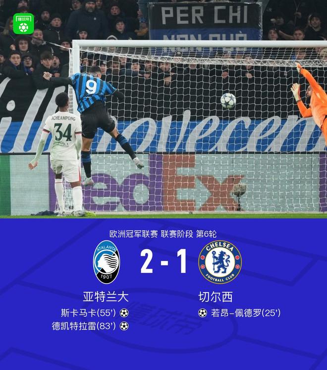 亚特兰大2-1逆转切尔西，德凯特拉雷传射，斯卡马卡建功