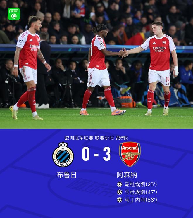 阿森纳3-0客胜布鲁日，马杜埃凯双响+穿云箭，马丁内利世界波