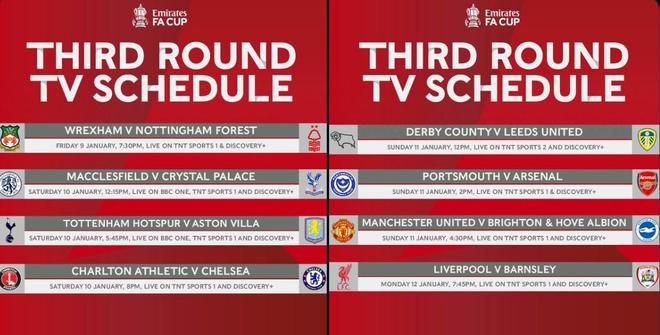 足总杯第3轮开球时间：1月11日热刺vs维拉，12日曼联vs布莱顿