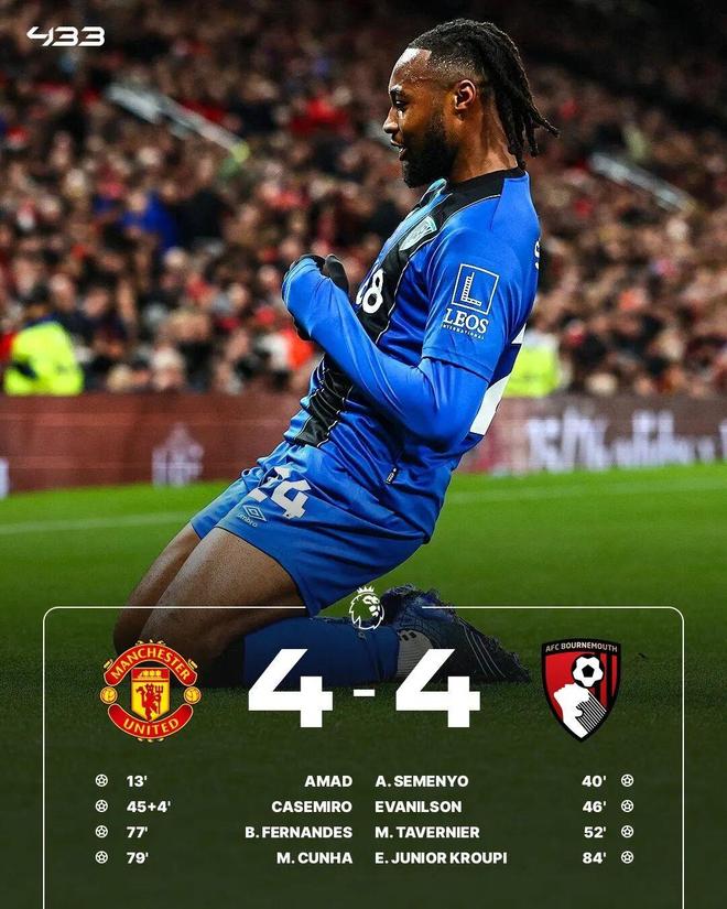 疯狂4-4！曼联4轮不败仍排第6：全场3大亮点 暴露两大顽疾