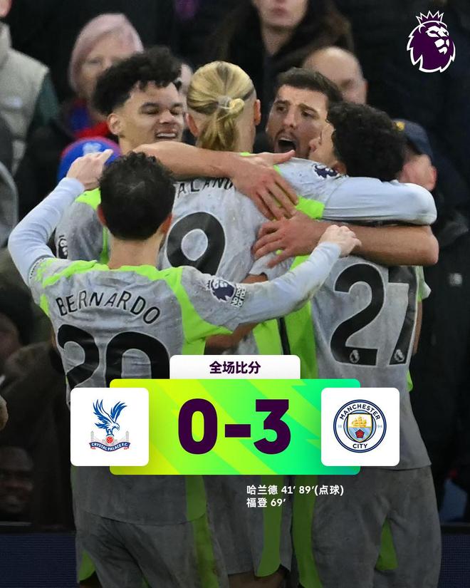 热闻|福登贴地斩，哈兰德双响！曼城客场3-0完胜水晶宫距榜首2分
