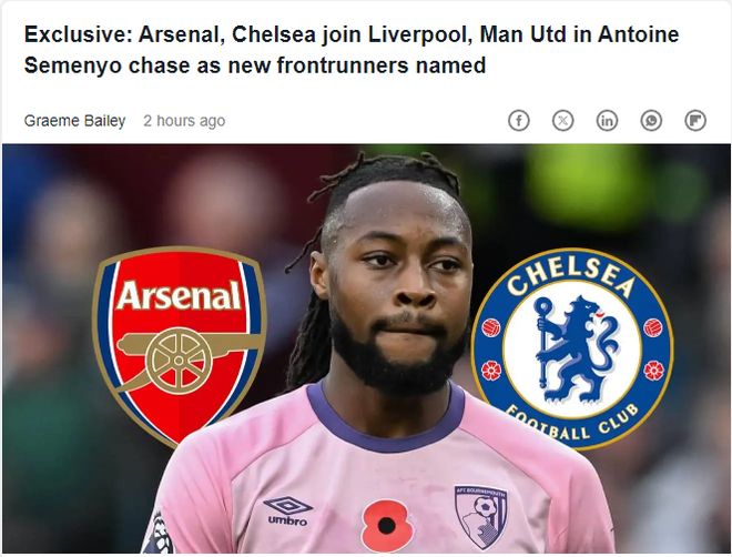 曝阿森纳加入塞梅尼奥争夺战 英超5大豪门冬窗抢他