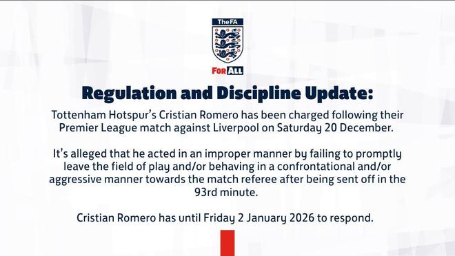 官方：罗梅罗因对利物浦染红后攻击性对抗裁判被英足总指控