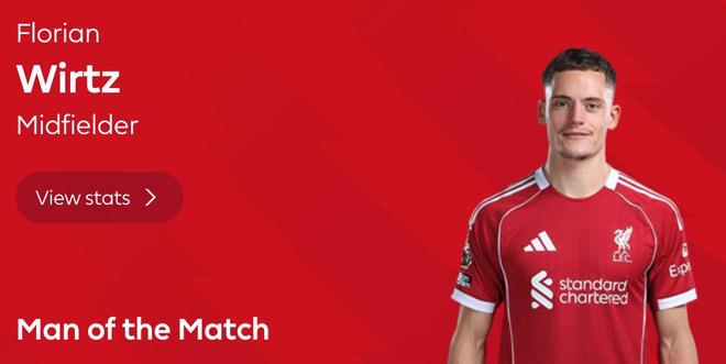 斩获红军生涯首球，维尔茨当选利物浦vs狼队全场最佳球员