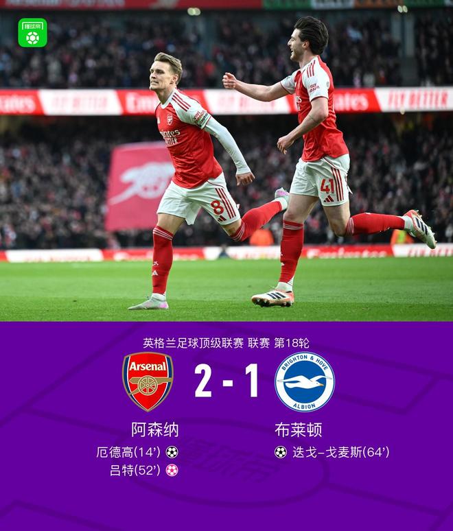 剑南春丨阿森纳2-1布莱顿，厄德高破门，吕特乌龙，拉亚神扑