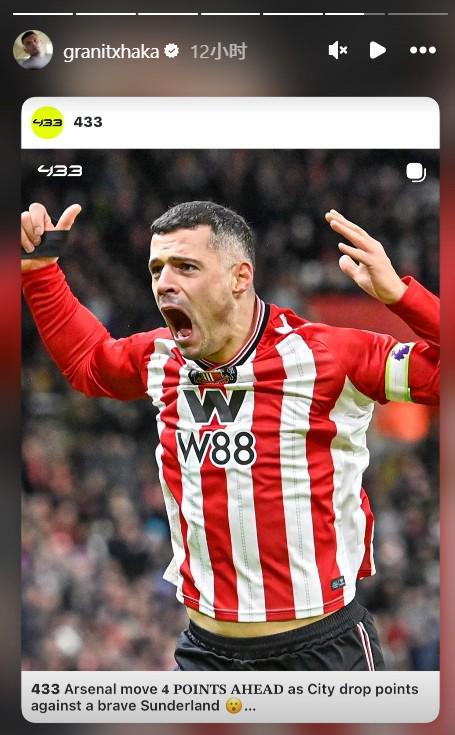 一日枪手终身枪手！扎卡社媒转发阿森纳领先曼城4分的海报