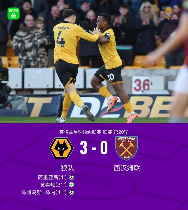 狼队3-0西汉姆联取英超赛季首胜，黄喜灿传射，阿里亚斯闪击