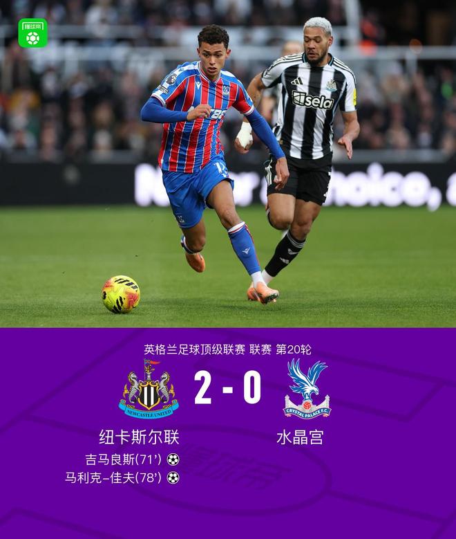 纽卡2-0水晶宫，吉马良斯破门+中框，马利克-佳夫建功