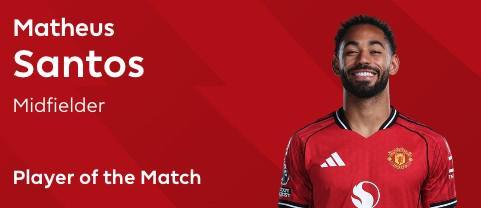 打入一球，库尼亚当选利兹联vs曼联全场最佳球员