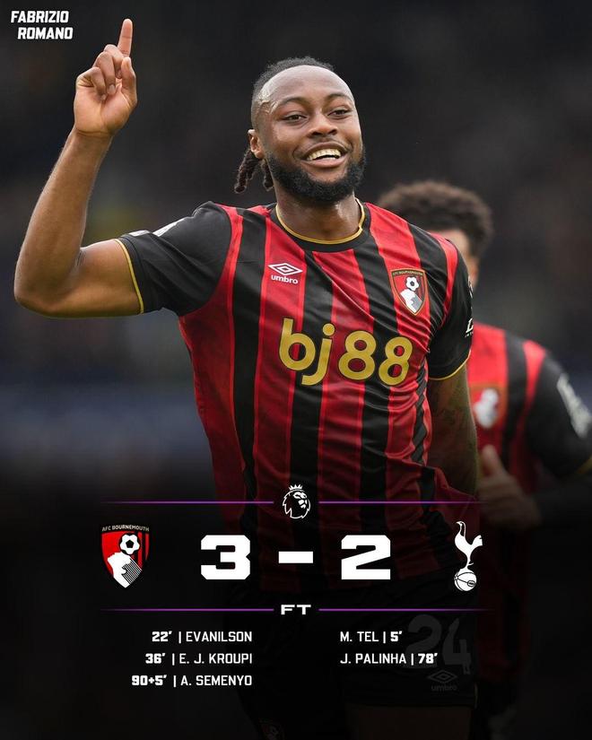 久违的胜利，伯恩茅斯战胜热刺终结连续11轮英超比赛未胜