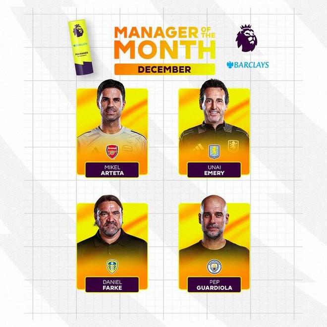 英超12月最佳教练提名：阿尔特塔、瓜帅、埃梅里及法尔克入围