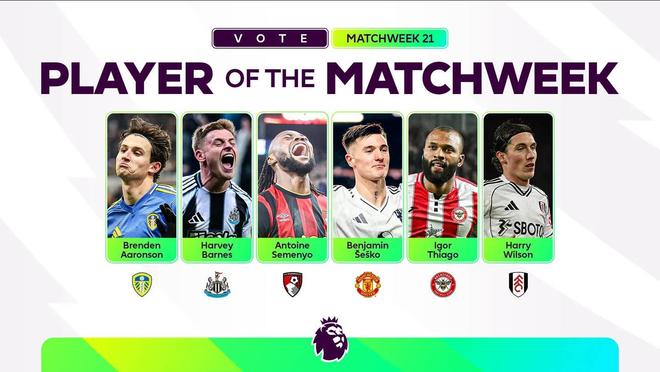 英超第21轮最佳球员候选：谢什科、塞门约、哈维-巴恩斯在列