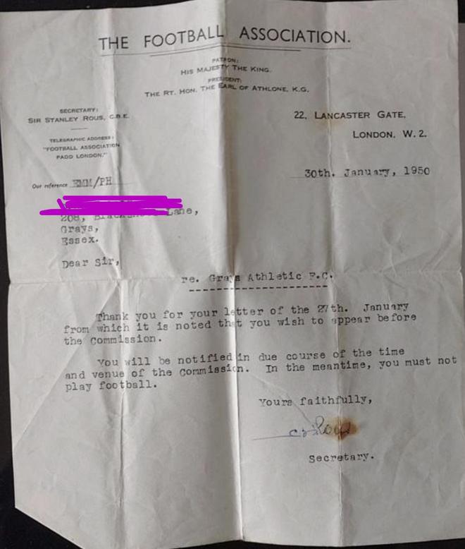 一球迷晒祖父1950年被禁赛文书：业余球员比赛拿报酬被禁赛两年