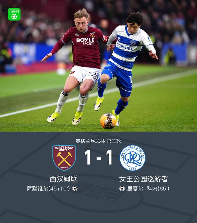90分钟战报：西汉姆联1-1女王公园巡游者，萨默维尔、科内破门