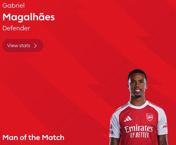 后防核心，加布里埃尔当选森林vs阿森纳全场最佳球员