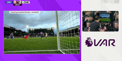 英超官方：水晶宫后卫康沃为意外手球，因此判罚点球并给黄牌