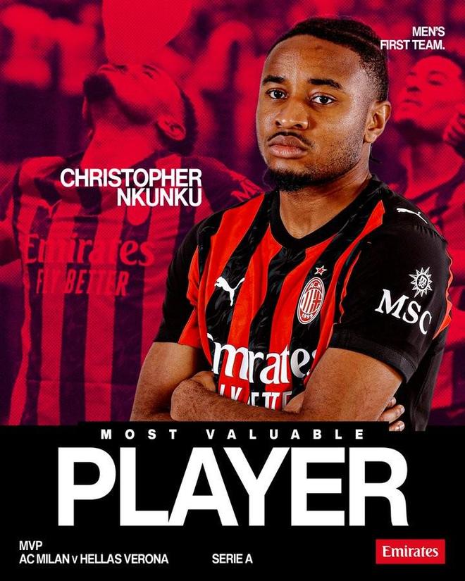 完成梅开二度，恩昆库当选与维罗纳一役米兰队内最佳球员