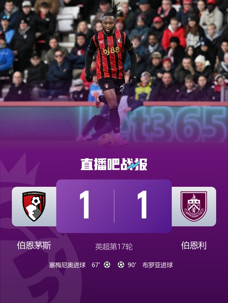 终结英超7连败!伯恩利1-1伯恩茅斯 布罗亚90分钟绝平塞梅尼奥破门