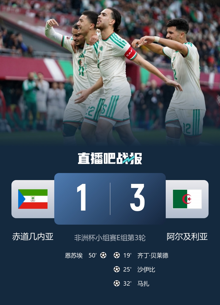 阿尔及利亚3-1赤道几内亚3连胜头名出线 淘汰赛将战民主刚果