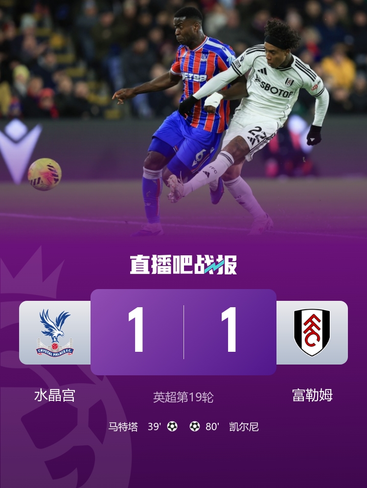 各赛事6场不胜！水晶宫1-1富勒姆 马特塔头槌破门 亨德森神扑救主