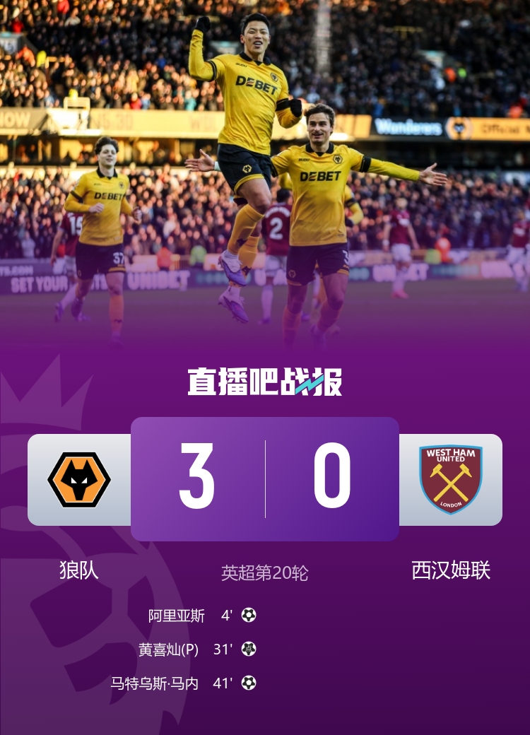 联赛首胜！狼队3-0西汉姆联 黄喜灿传射马特乌斯·马内首球+造点