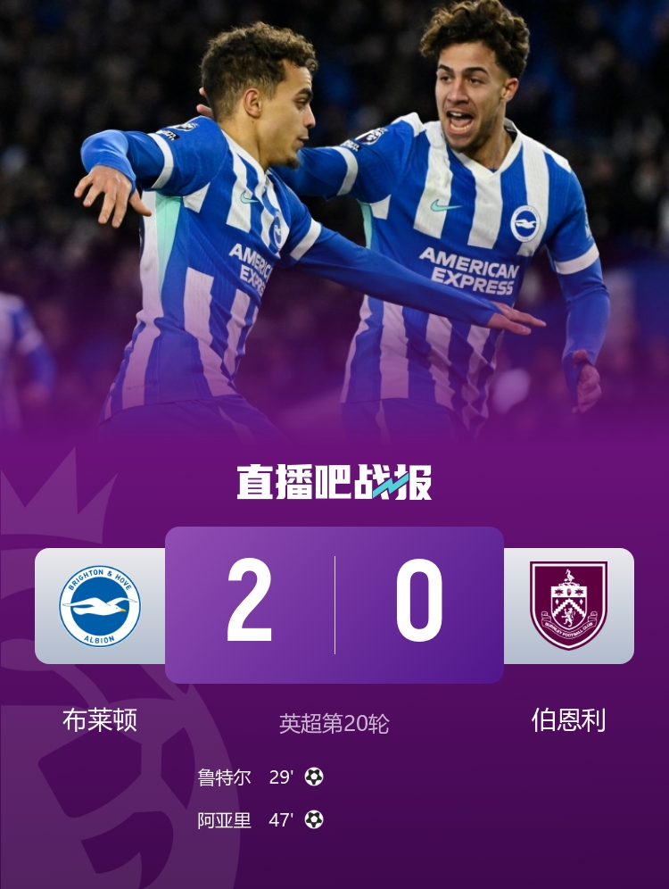 英超-布莱顿2-0伯恩利结束联赛六轮不胜 鲁特尔破门阿亚里建功